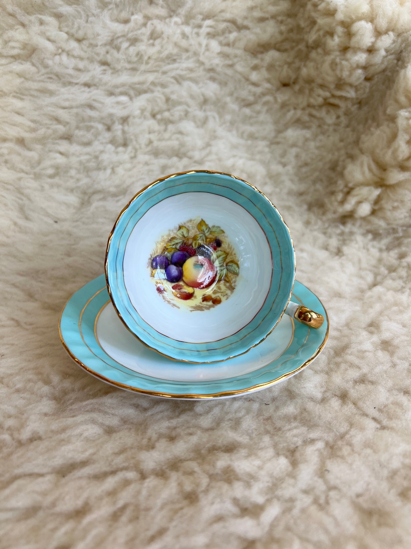 Aynsley Bone China Orchard Fruit Tea Cup and Saucer - Vintage Cup and Saucer - Aqua Blue with Gold Trim