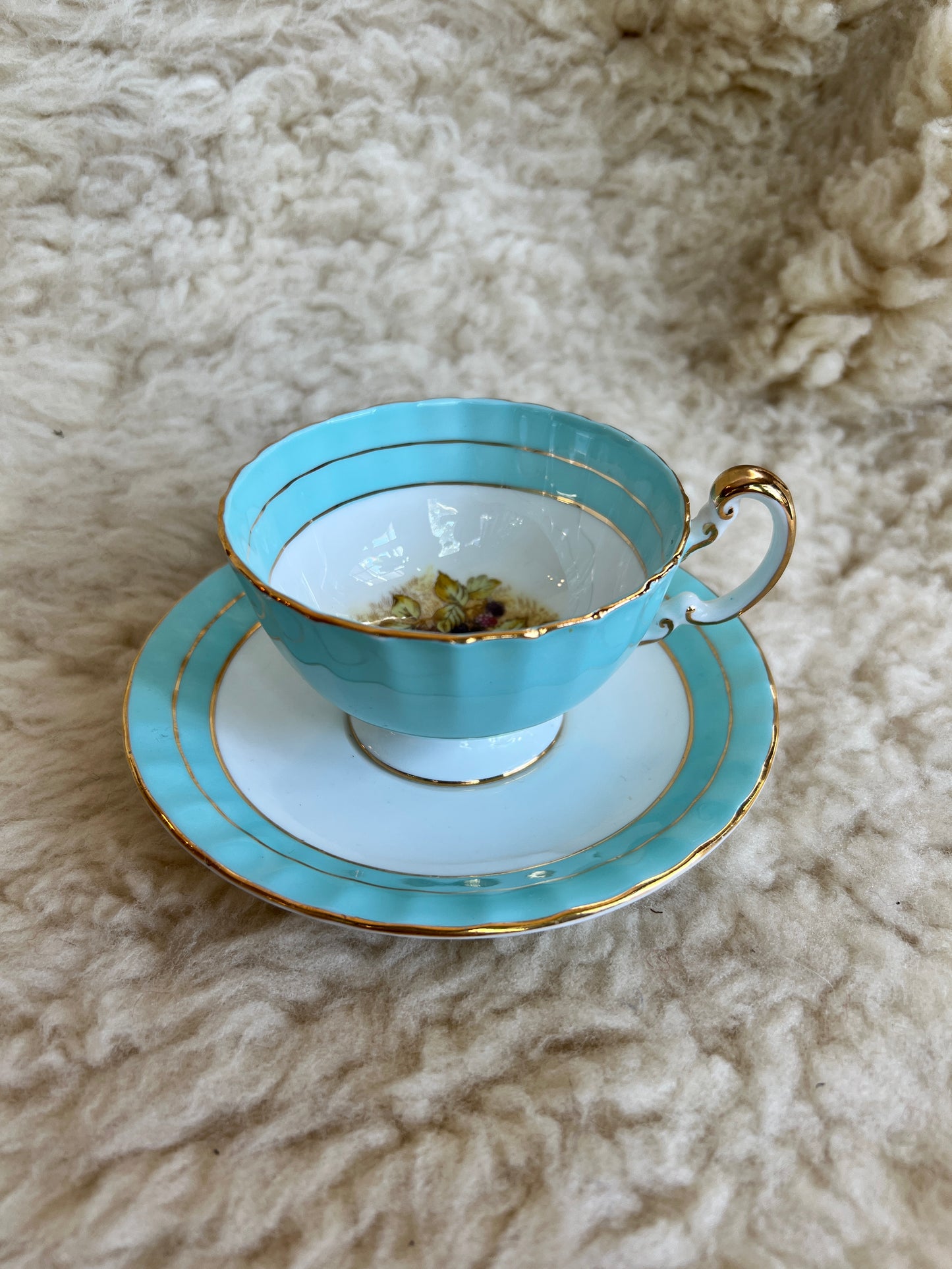 Aynsley Bone China Orchard Fruit Tea Cup and Saucer - Vintage Cup and Saucer - Aqua Blue with Gold Trim