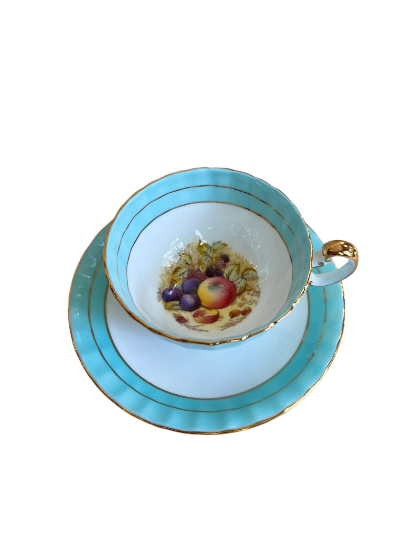 Aynsley Bone China Orchard Fruit Tea Cup and Saucer - Vintage Cup and Saucer - Aqua Blue with Gold Trim