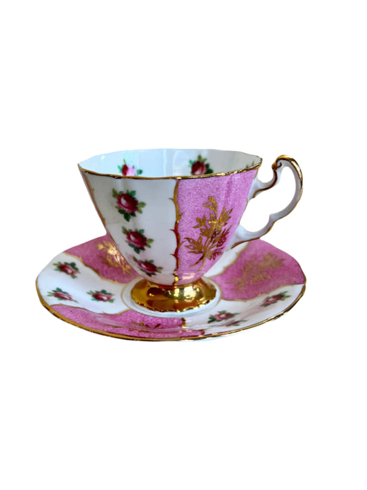 Vintage Adderley Teacup and Saucer - English Fine Bone China - Pink and Gold Floral Roses Design