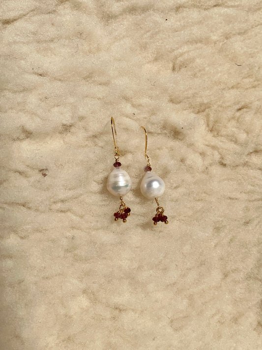 Baroque Pearl Dangle with Red Sapphire Charms Earrings