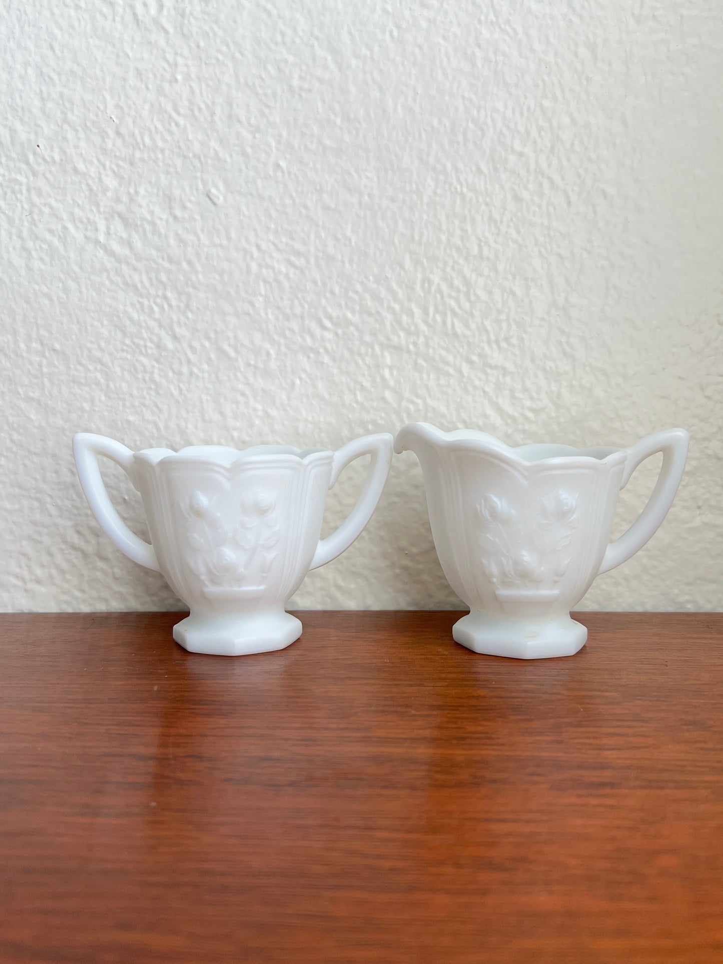 Imperial Ohio Milk Glass Cream and Sugar Set - Rose Pattern Matte Doeskin Finish