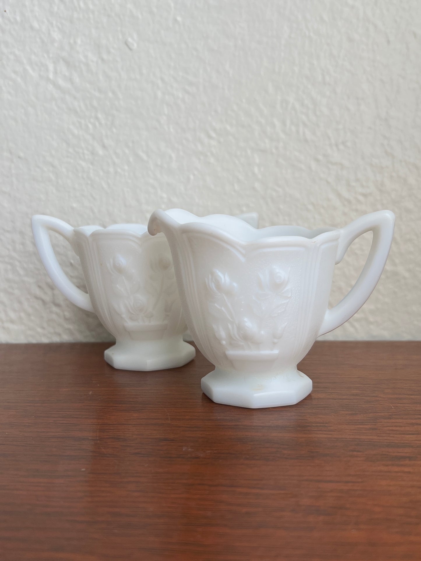 Imperial Ohio Milk Glass Cream and Sugar Set - Rose Pattern Matte Doeskin Finish