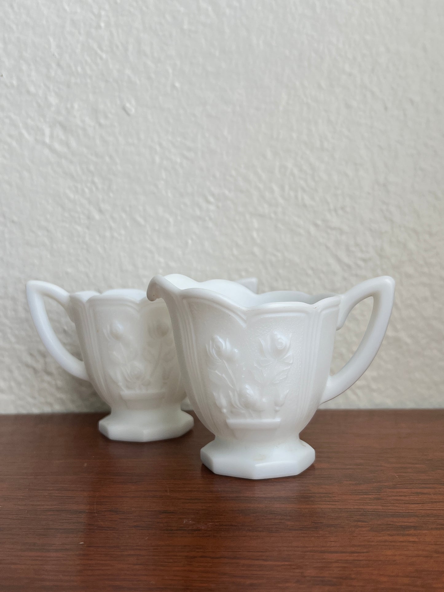 Imperial Ohio Milk Glass Cream and Sugar Set - Rose Pattern Matte Doeskin Finish