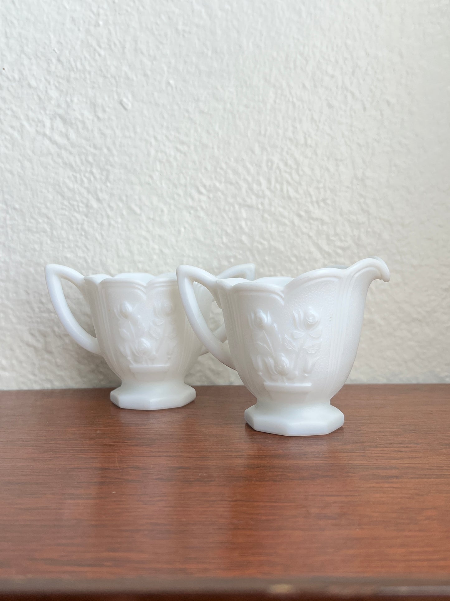 Imperial Ohio Milk Glass Cream and Sugar Set - Rose Pattern Matte Doeskin Finish