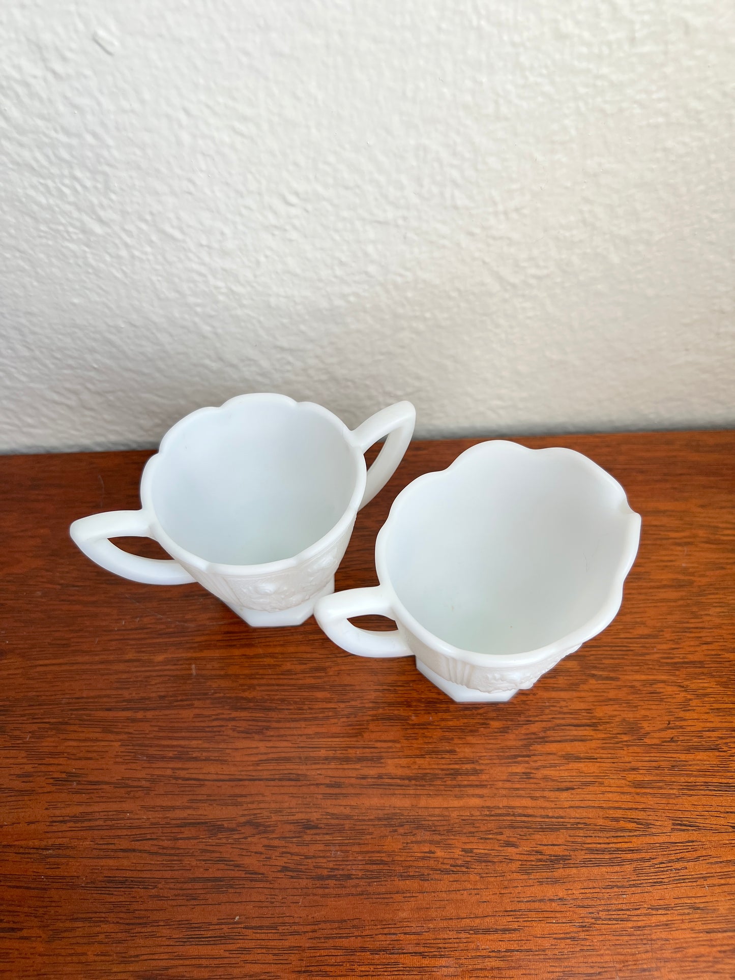 Imperial Ohio Milk Glass Cream and Sugar Set - Rose Pattern Matte Doeskin Finish