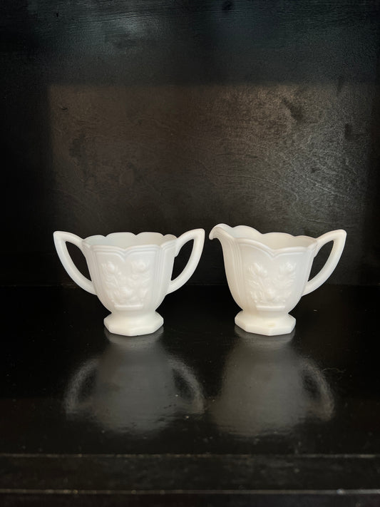 Imperial Ohio Milk Glass Cream and Sugar Set - Rose Pattern Matte Doeskin Finish