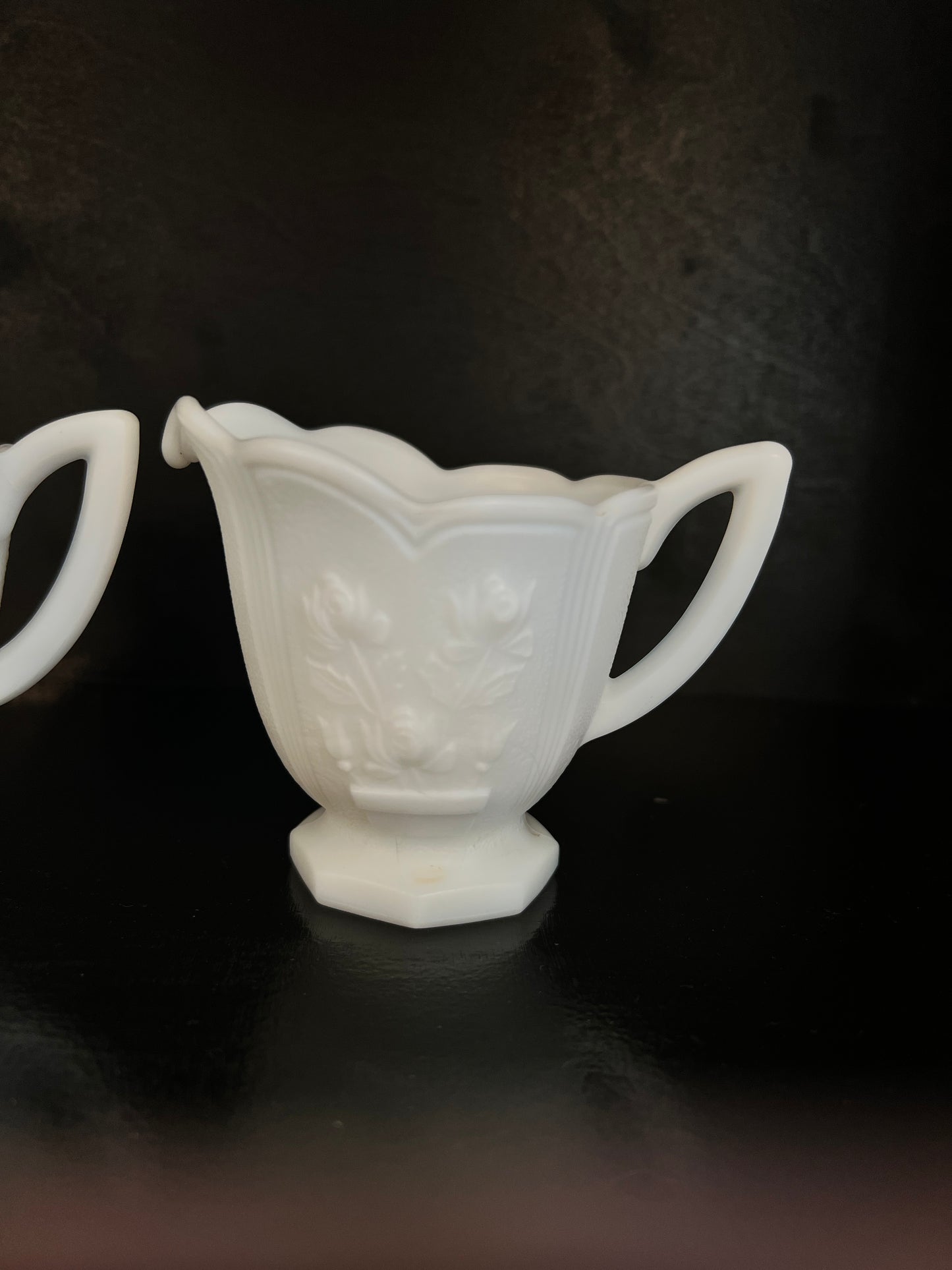 Imperial Ohio Milk Glass Cream and Sugar Set - Rose Pattern Matte Doeskin Finish