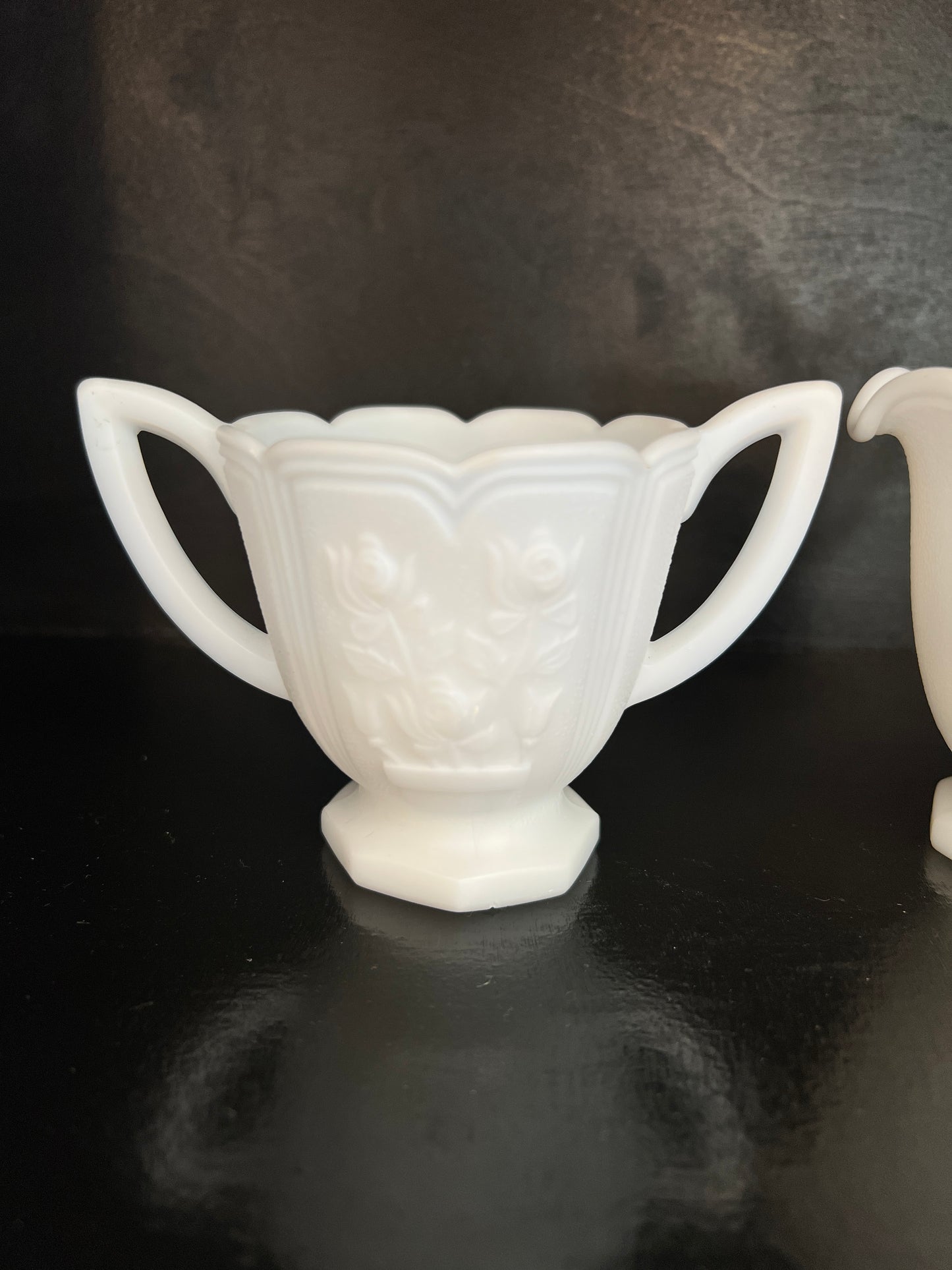 Imperial Ohio Milk Glass Cream and Sugar Set - Rose Pattern Matte Doeskin Finish