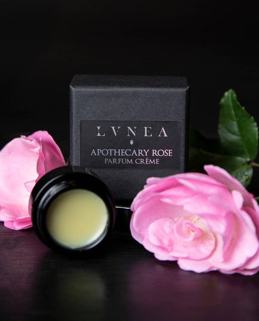 Apothecary Rose solid perfume by Lvnea. Black glass jar with solid perfume inside. Matte black gift box. Parfum creme. 