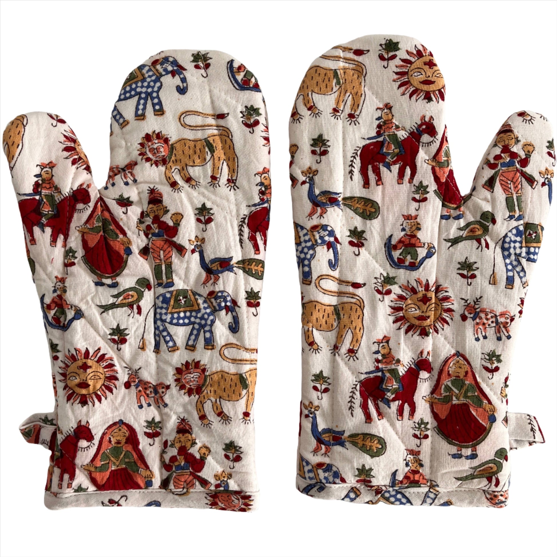 Hand printed cotton oven mitts with images of carnival scenes. Lions, suns, horse rider, elephants, flowers, etc. 