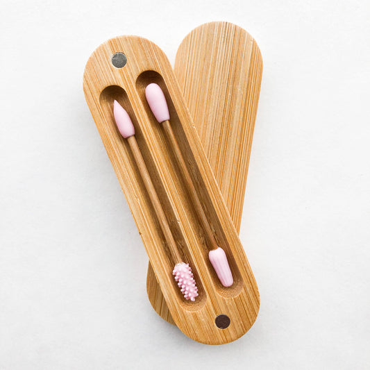 Reusable Plastic Free Bamboo Silicon Q-Tips with Bamboo Case - Pink