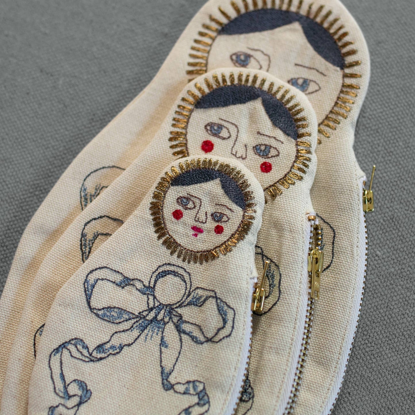 Nesting Doll Pouch Set - 3 Embroidered Zip Pouches