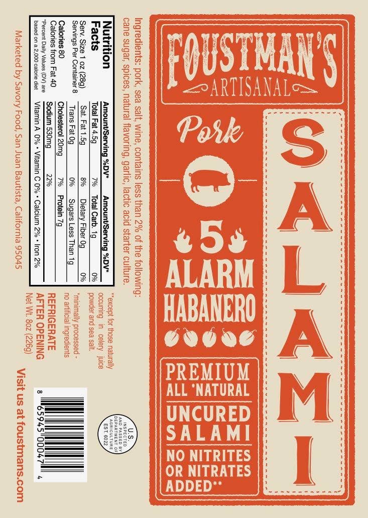 Pork Habanero | Foustman's All Natural Uncured Salami 8oz