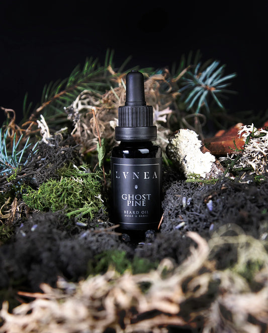 Ghost Pine Beard and body oil by Lvnea. Limited edition oil. Black glass dropper bottle. 