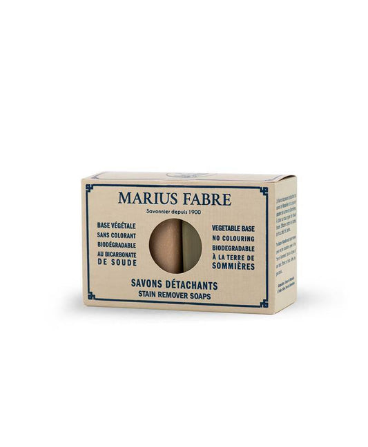 Beige box with french writing on it, Marius Fabre Savonie depuis 1900. Stain removing duo in box. White soap and black (olive) soap. 