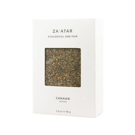 Za'atar by Canaan Palestine. Ecological and Fair. Seasoning in a white paper box with a window. oregano, thyme, roasted sesame, sumac, olive oil, Dead Sea salt