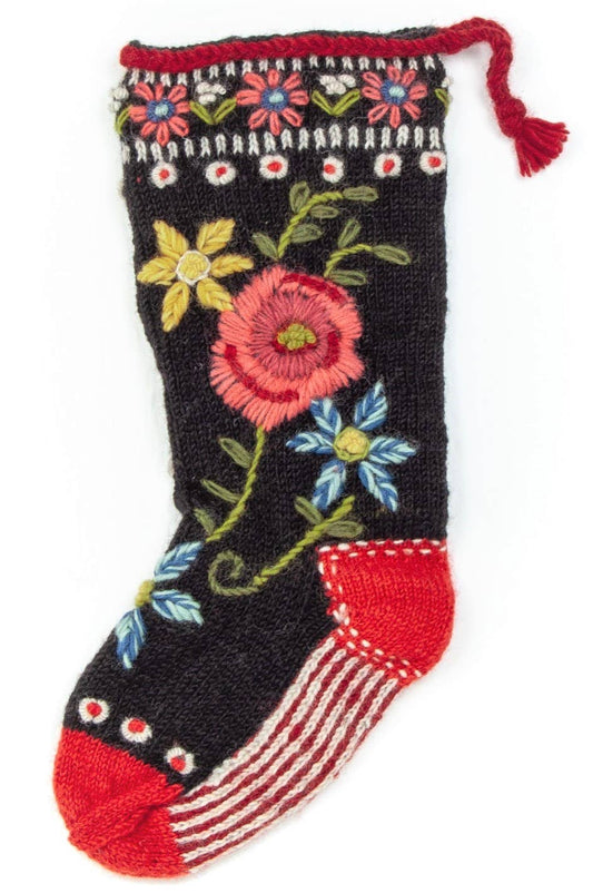 Knitted Wool Christmas Stocking - Floral Spray