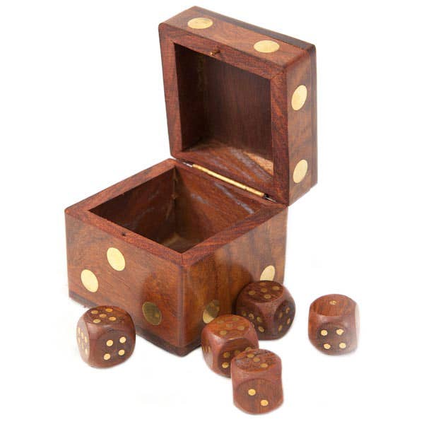 Wooden Dice Box with 5 Dice, Brass Inlay