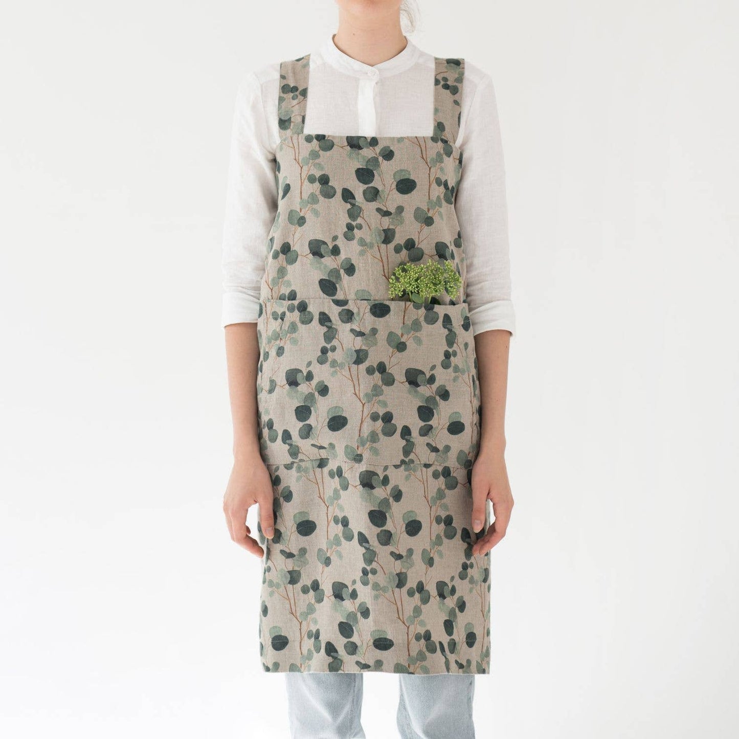 Eucalyptus on Natural Linen Pinafore Apron