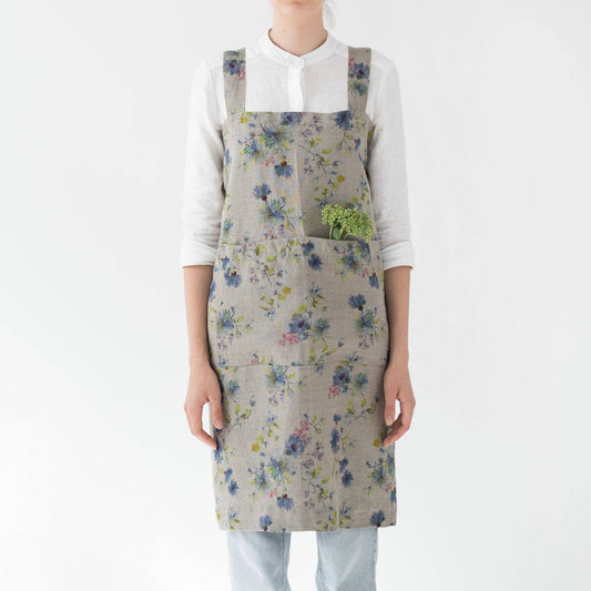 Flowers on Natural Linen Pinafore Apron