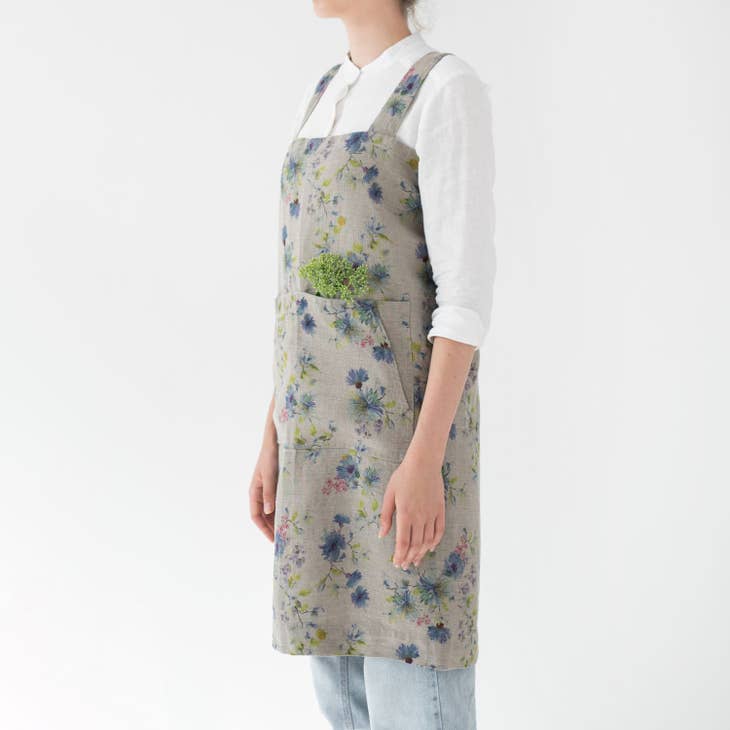 Flowers on Natural Linen Pinafore Apron