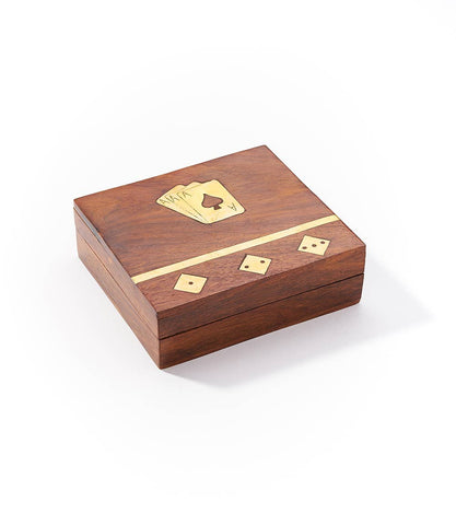Rosewood Game Night Box with Dice and Deck of Cards, brass inlay design